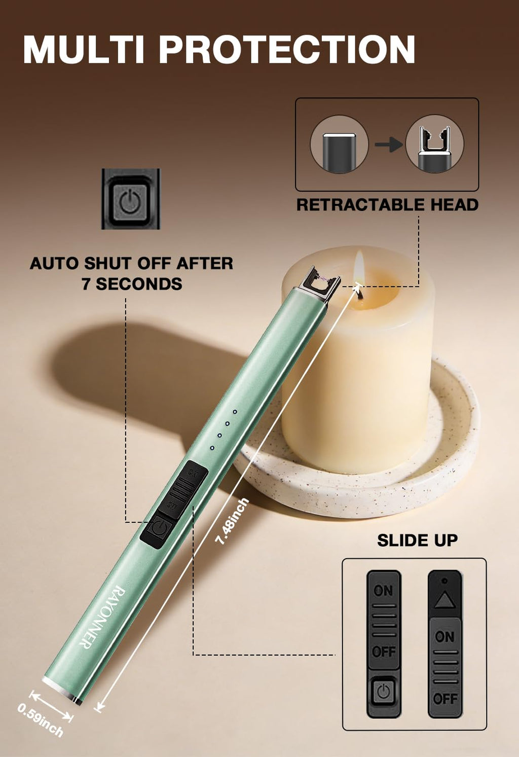 RAYONNER Electric Candle Lighter USB Plasma Arc Windproof Rose Gold