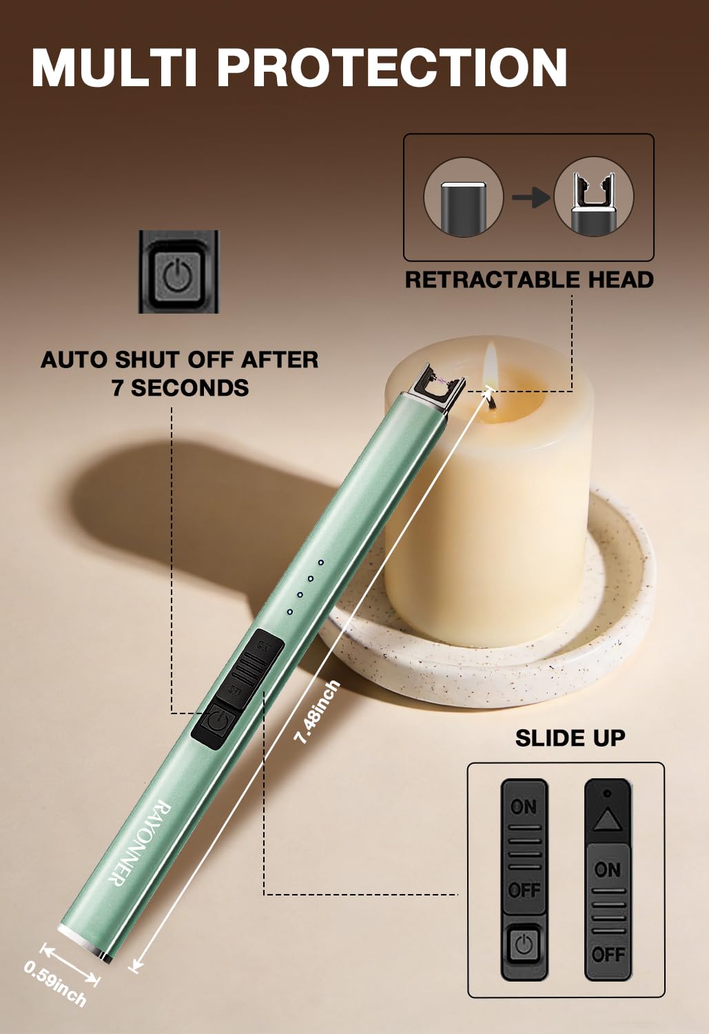 RAYONNER Electric Candle Lighter USB Plasma Arc Windproof Rose Gold