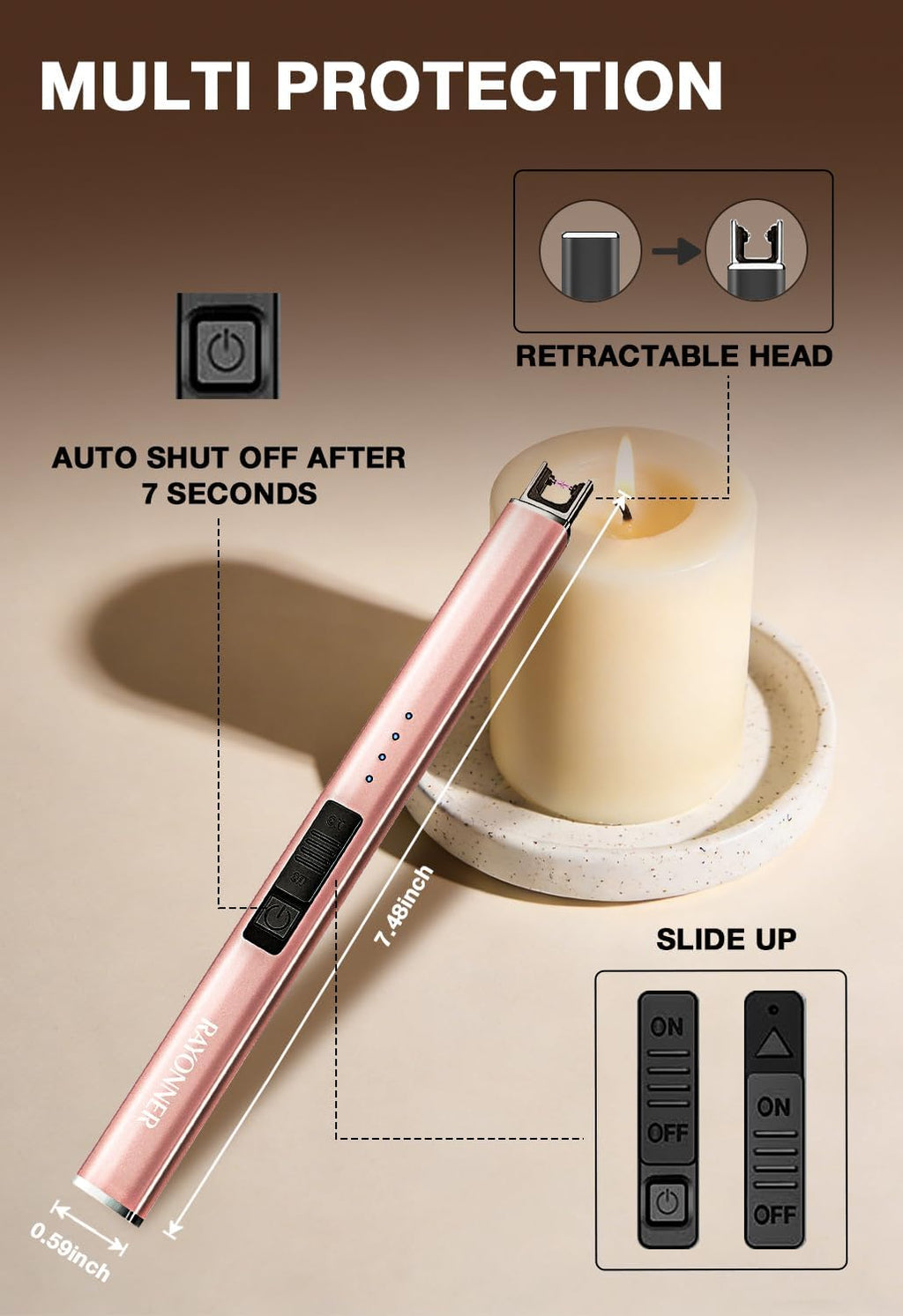 RAYONNER Electric Candle Lighter USB Plasma Arc Windproof Rose Gold
