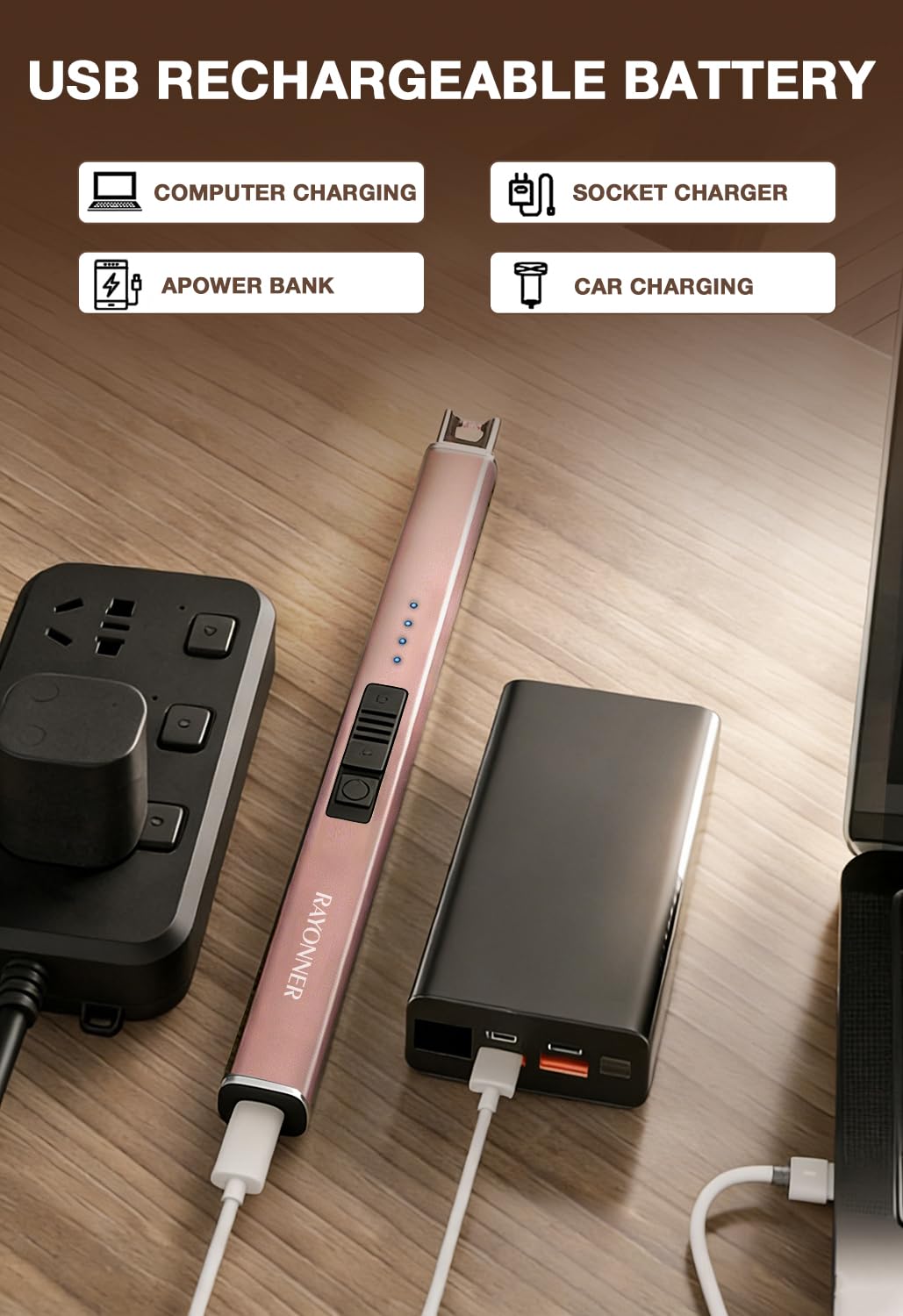 RAYONNER Electric Candle Lighter USB Plasma Arc Windproof Rose Gold