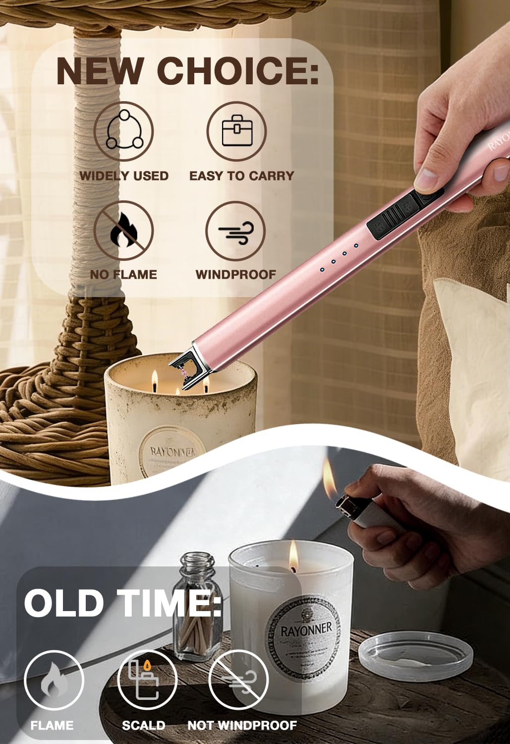 RAYONNER Electric Candle Lighter USB Plasma Arc Windproof Rose Gold