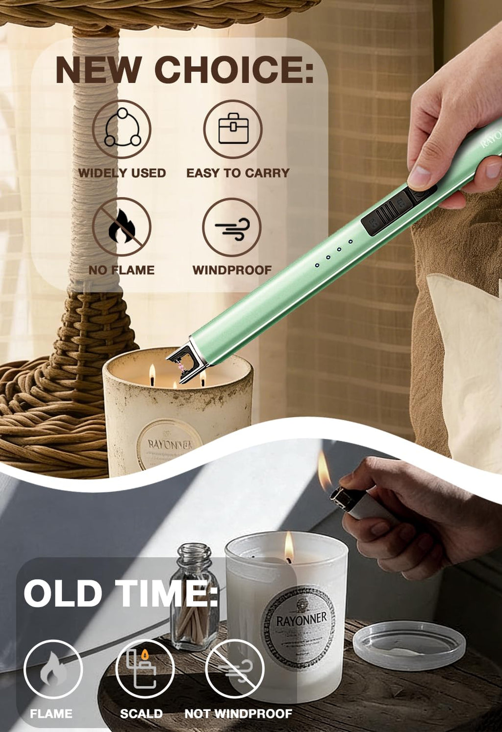 RAYONNER Electric Candle Lighter USB Plasma Arc Windproof Rose Gold