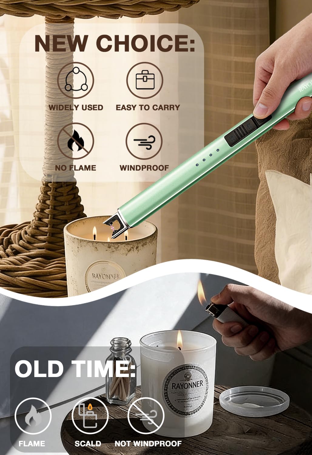 RAYONNER Electric Candle Lighter USB Plasma Arc Windproof Rose Gold