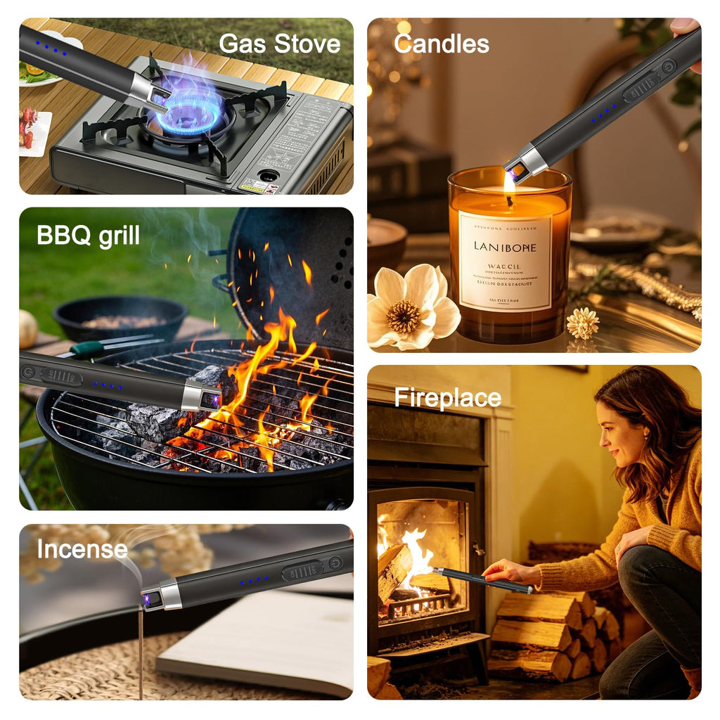 Upgraded Electric Lighter, USB C Rechargeable Flameless Plasma Arc Lighters with LED Display, Windproof Candle Lighter for BBQ Camping Kitchen, Safety Lock, for Men Women (Black)