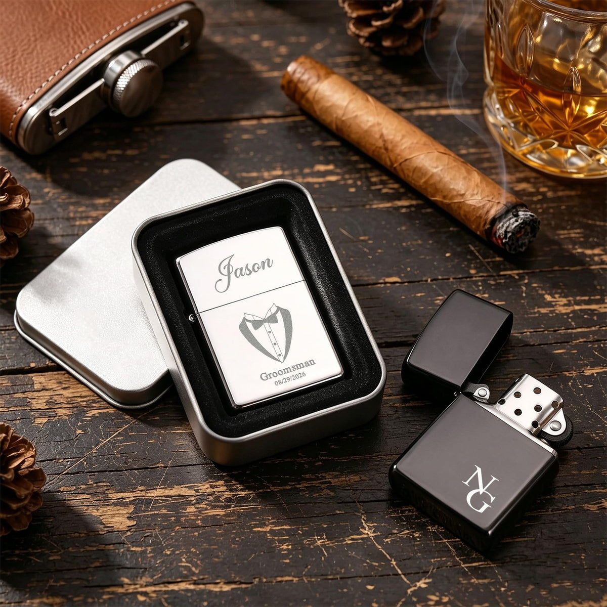 Personalized Engraved Lighter,Groomsman Gift（Silver，Lighter only）